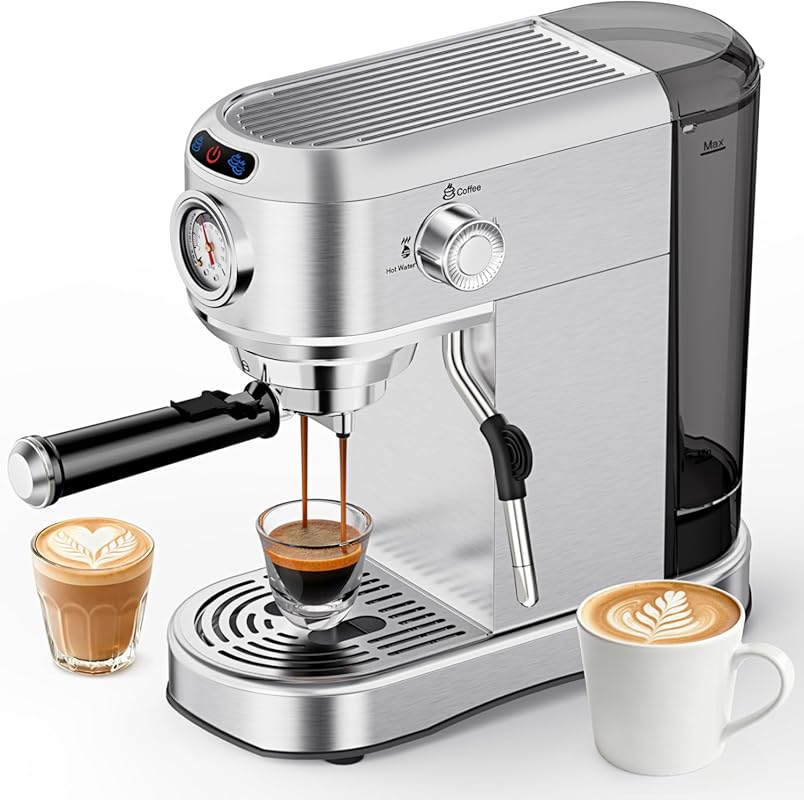 Compact 20 Bar Espresso Machine with Steam Milk Frother, Stainless Ste