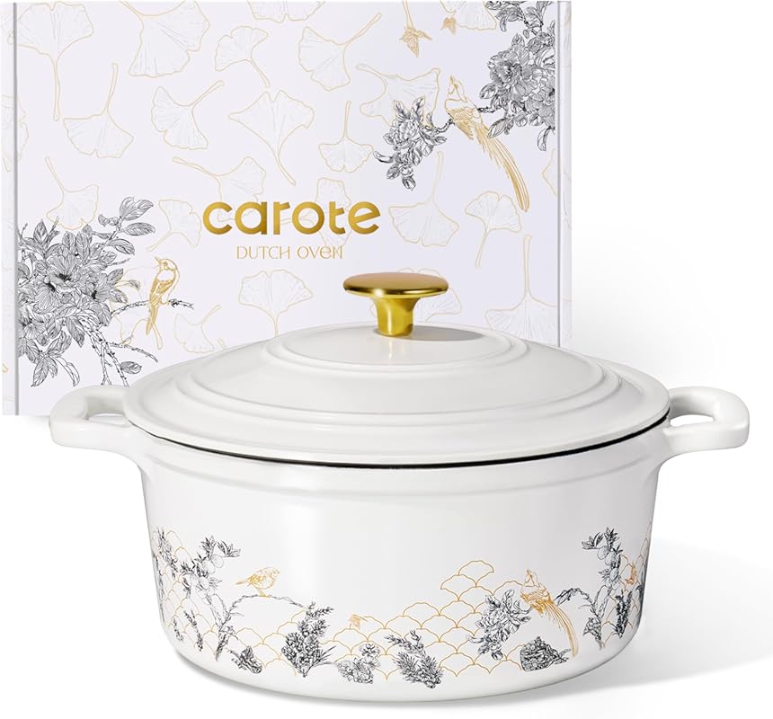 CAROTE White 5QT Enameled Floral Cast Iron Dutch Oven Pot with Lid, Ve