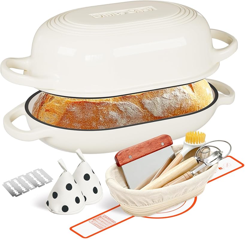 5QT Enameled Cast Iron Dutch Oven for Bread Baking, Includes Banneton 