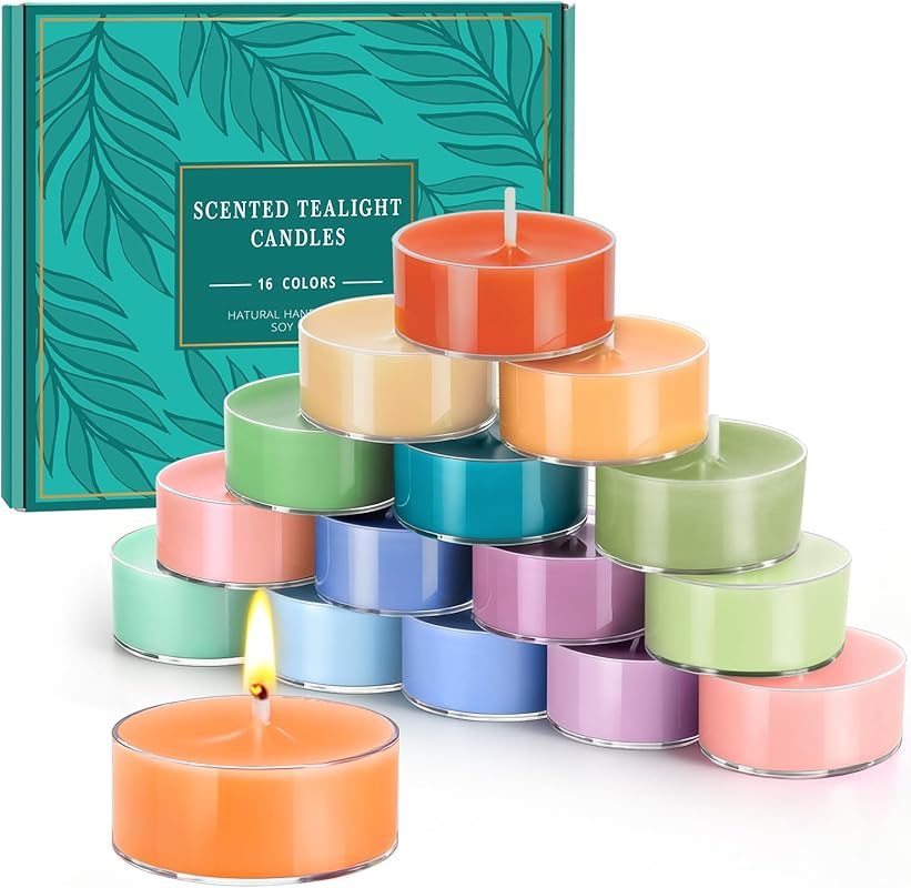 16 Pack Colored Scented Soy Wax Tealight Candles, 4 Long-Lasting Scent