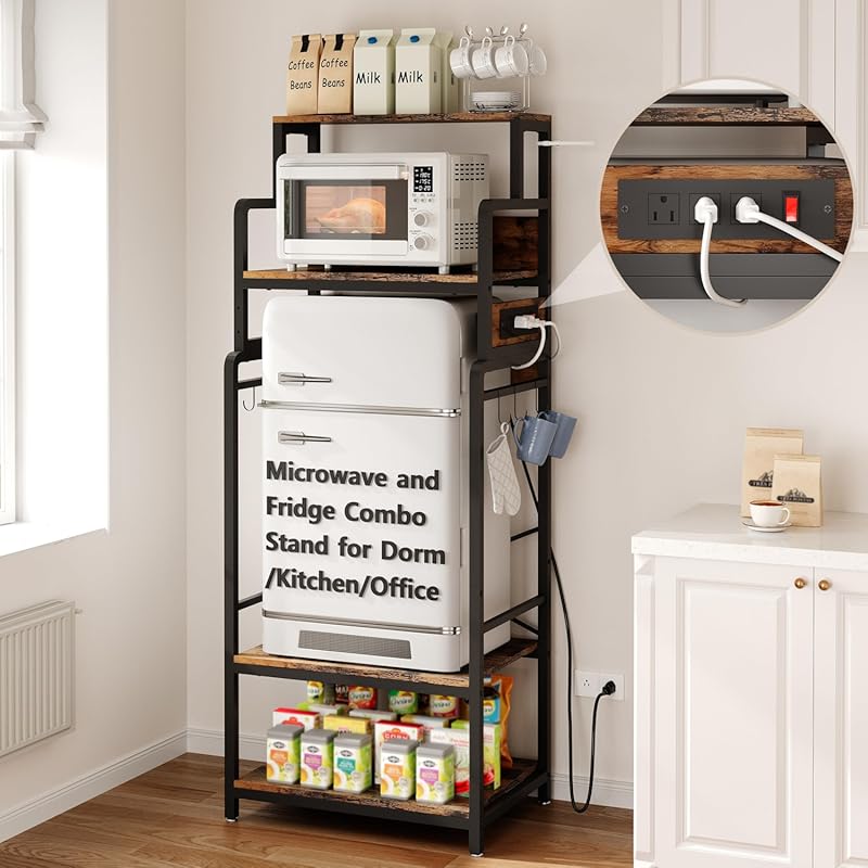 Mini Fridge Stand Microwave Combo Cabinet with Shelf Organizer and Pow