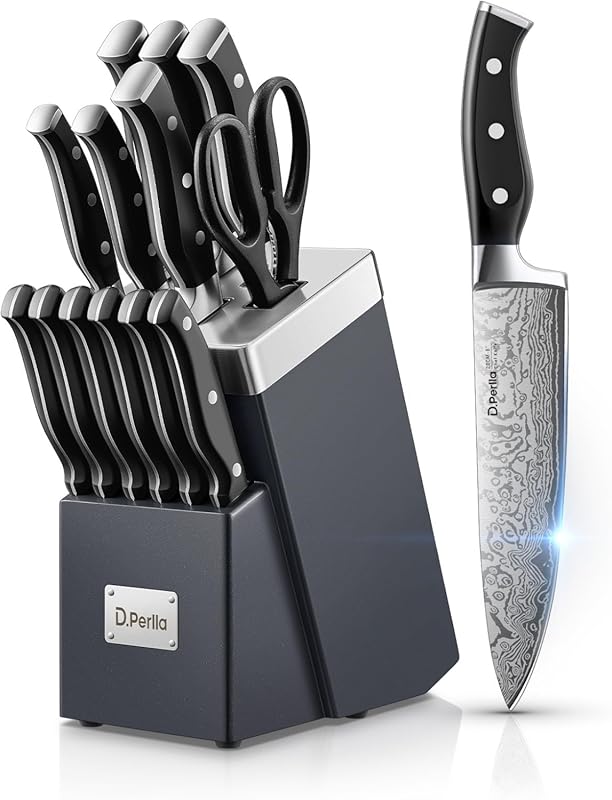 D.Perlla 14-Piece Kitchen Knife Set with Advanced Self-Sharpening Bloc