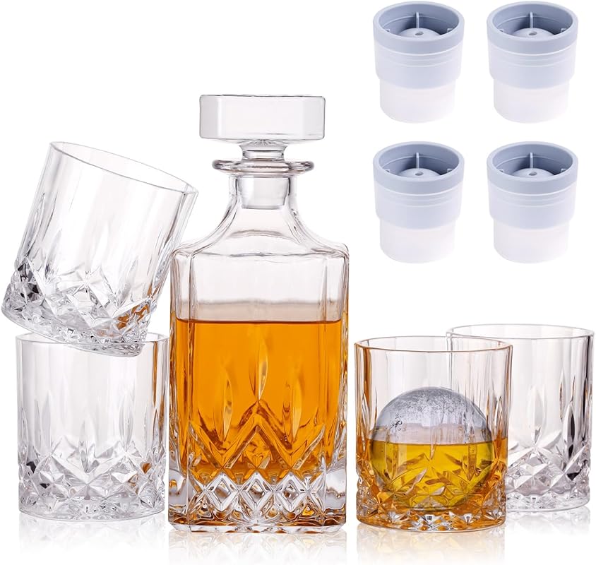Premium Crystal Whiskey Decanter Set with 4 Glasses & Ice Ball Molds,