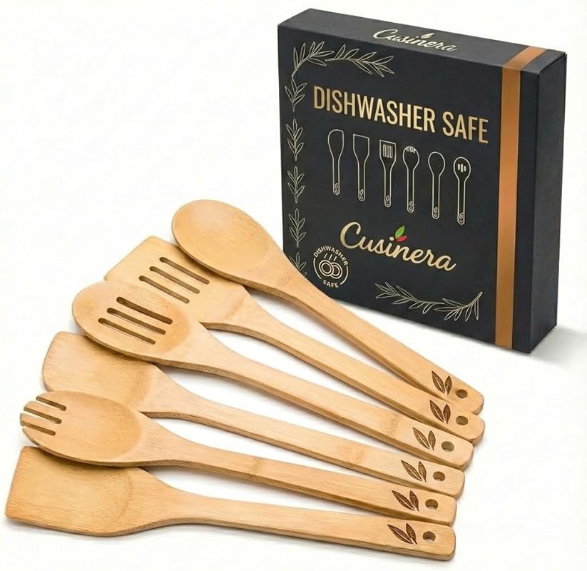 6-Piece Bamboo Wooden Spoons for Cooking - Dishwasher Safe, Easy Clean