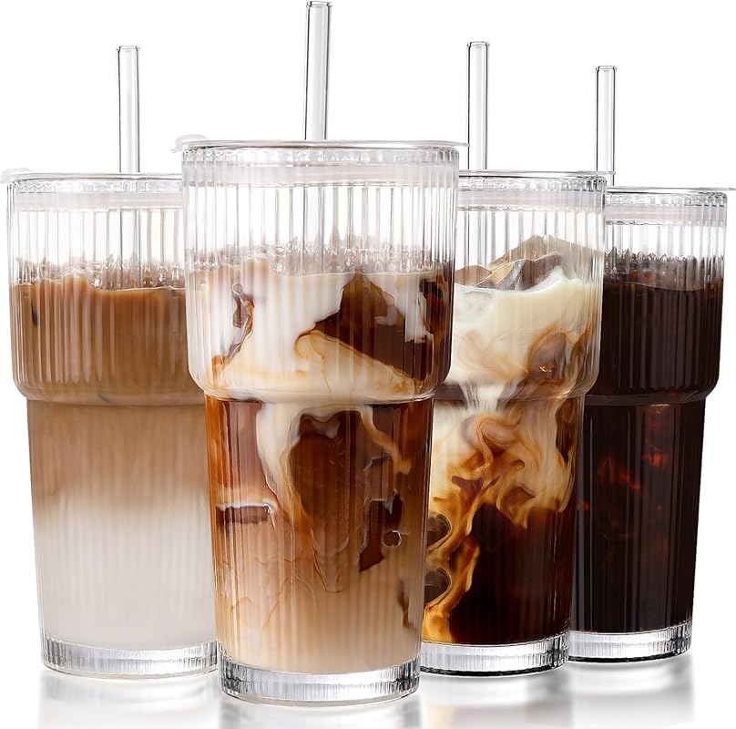 4-Pack 20oz Ribbed Glass Tumblers with Leak-Proof Lids & Straws for Re