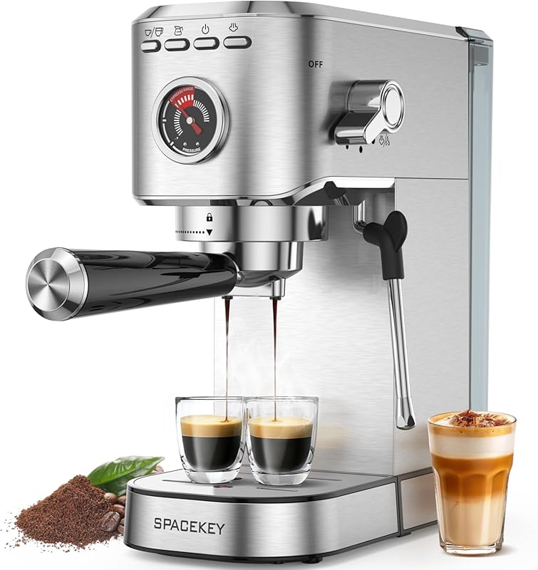 Spacekey 20 Bar Espresso Machine with Milk Frother, Compact Stainless 