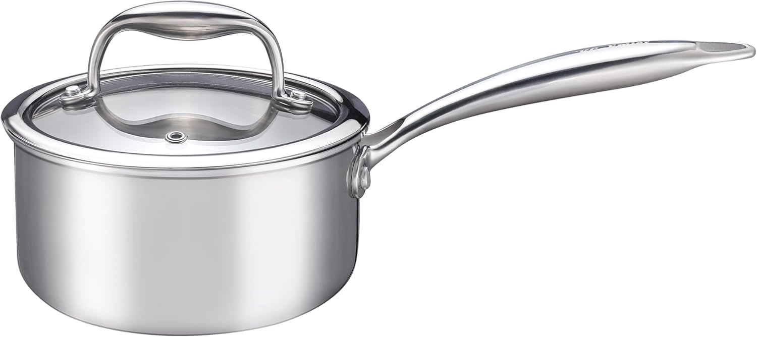 1 Quart Tri-Ply Stainless Steel Saucepan with Lid, Stay-Cool Handle, A