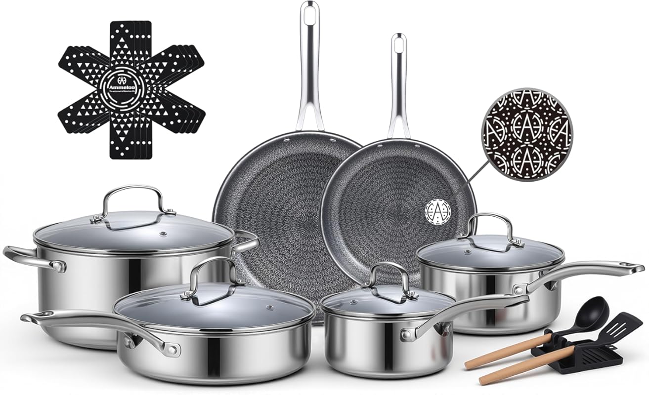 Ammeloo 17-Piece Hybrid Nonstick Stainless Steel Cookware Set: Non-Tox