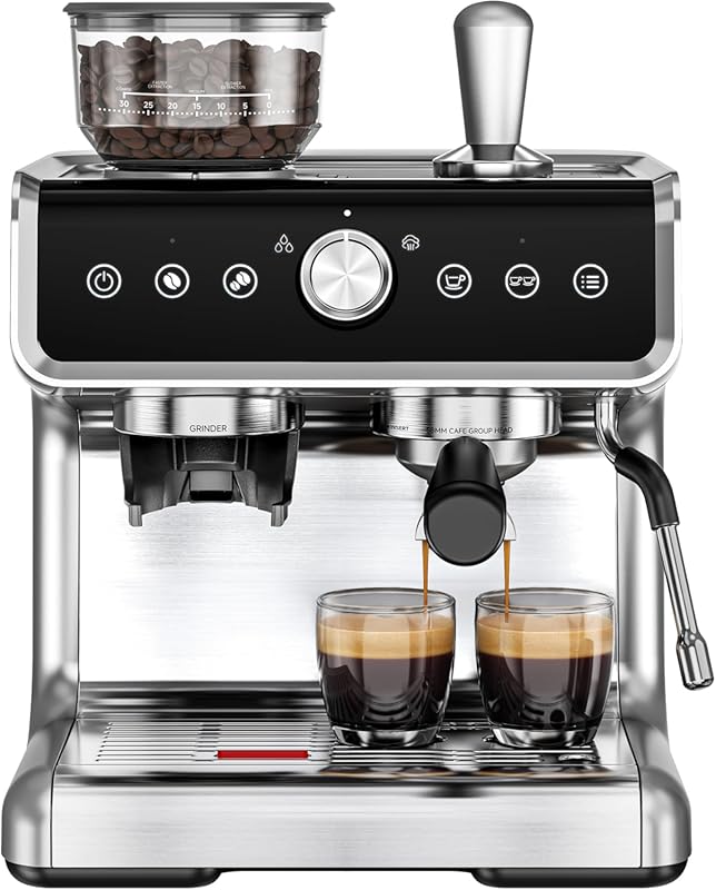 E EUHOMY 20 Bar Espresso Machine with Built-in Grinder & Milk Frother