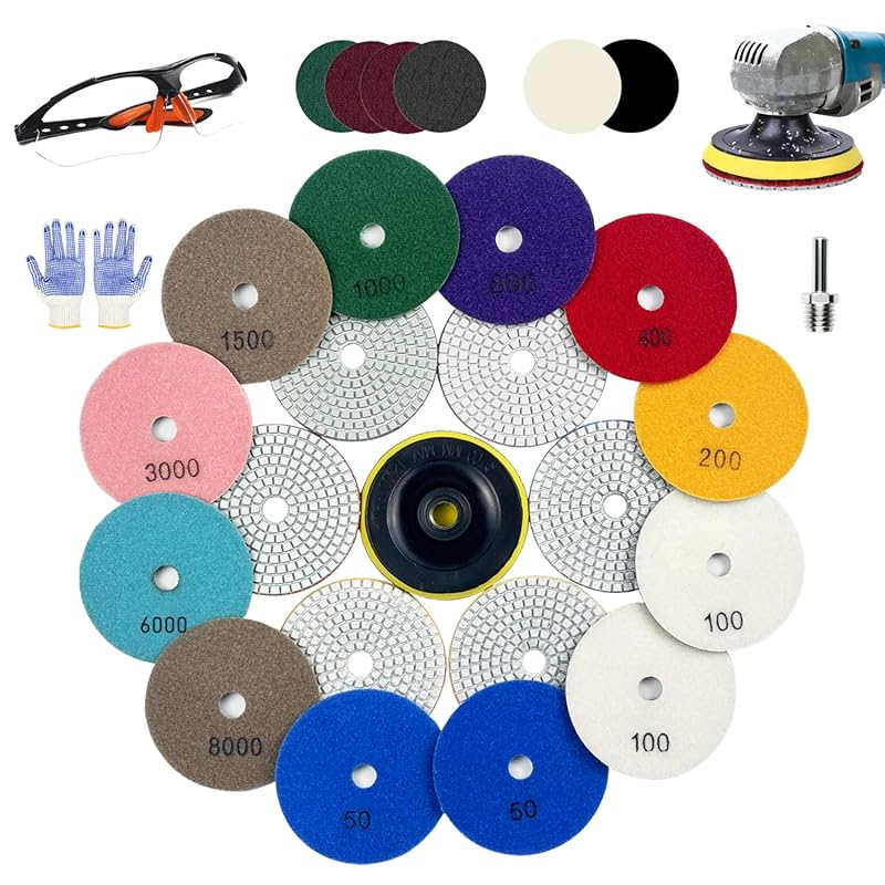 4 Inch Diamond Polishing Pads Kit (22 PCS) 50-8000 Grit Wet/Dry for Gr