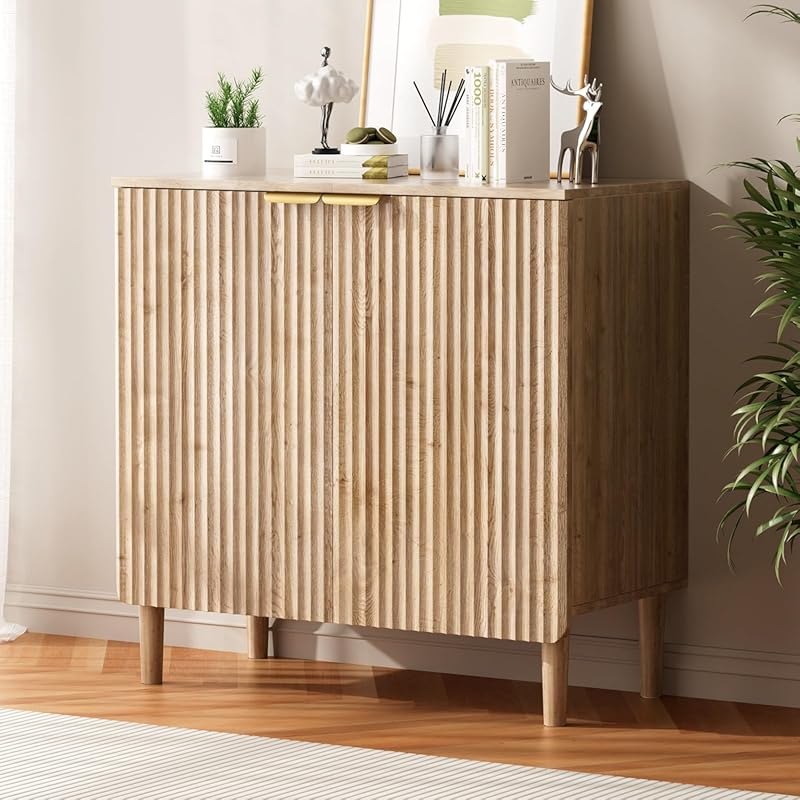 Wood Sideboard Buffet Storage Cabinet with Adjustable Shelves & Fluted