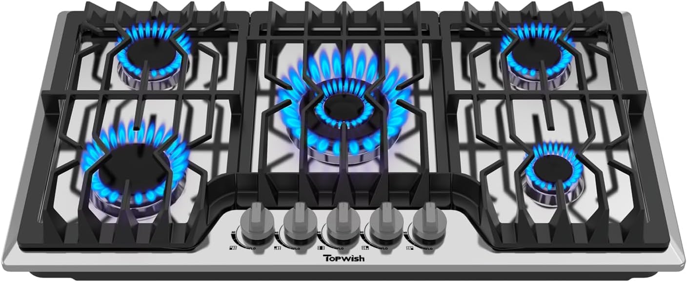 36 Inch 5 Burner Gas Cooktop: NG/LPG Convertible Stainless Steel Stove
