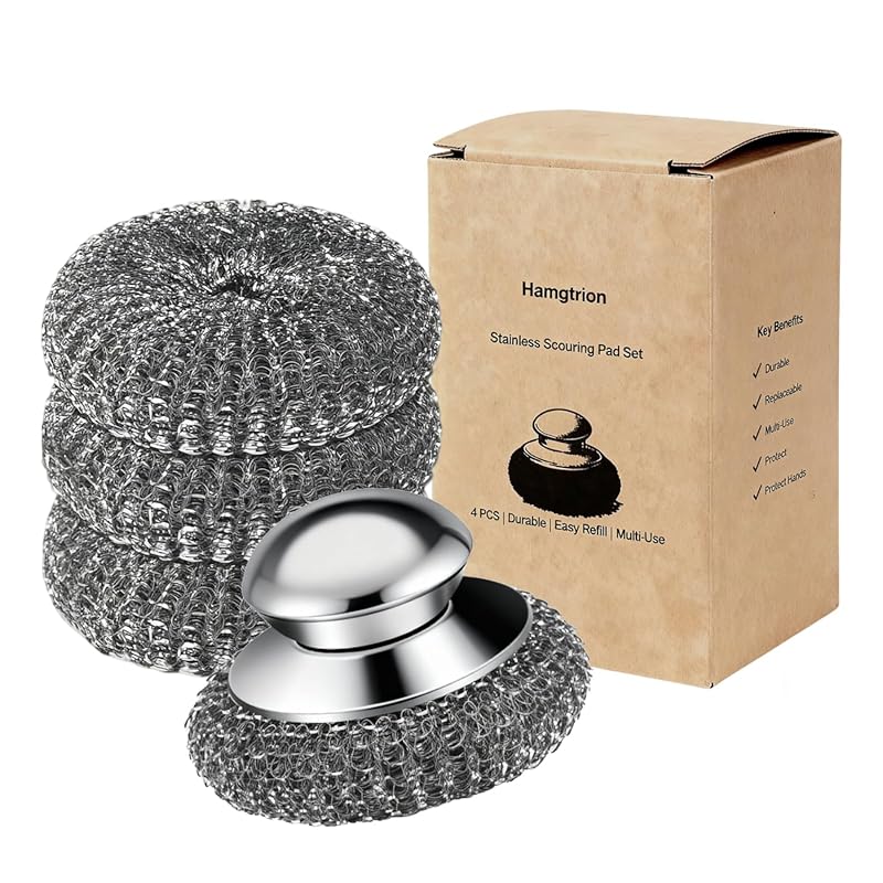 4-Pack Stainless Steel Wool Scrubber Pads with Handle for Cookware, Gr