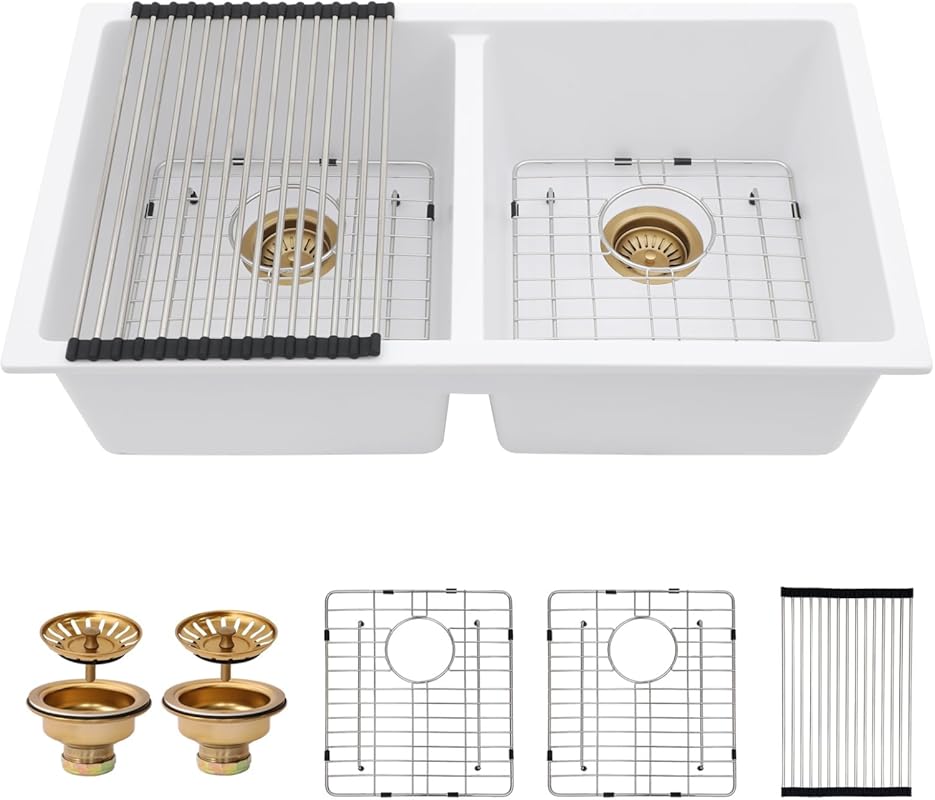 Couoko 33x19 Inch White Granite Composite Undermount Kitchen Sink, 50/