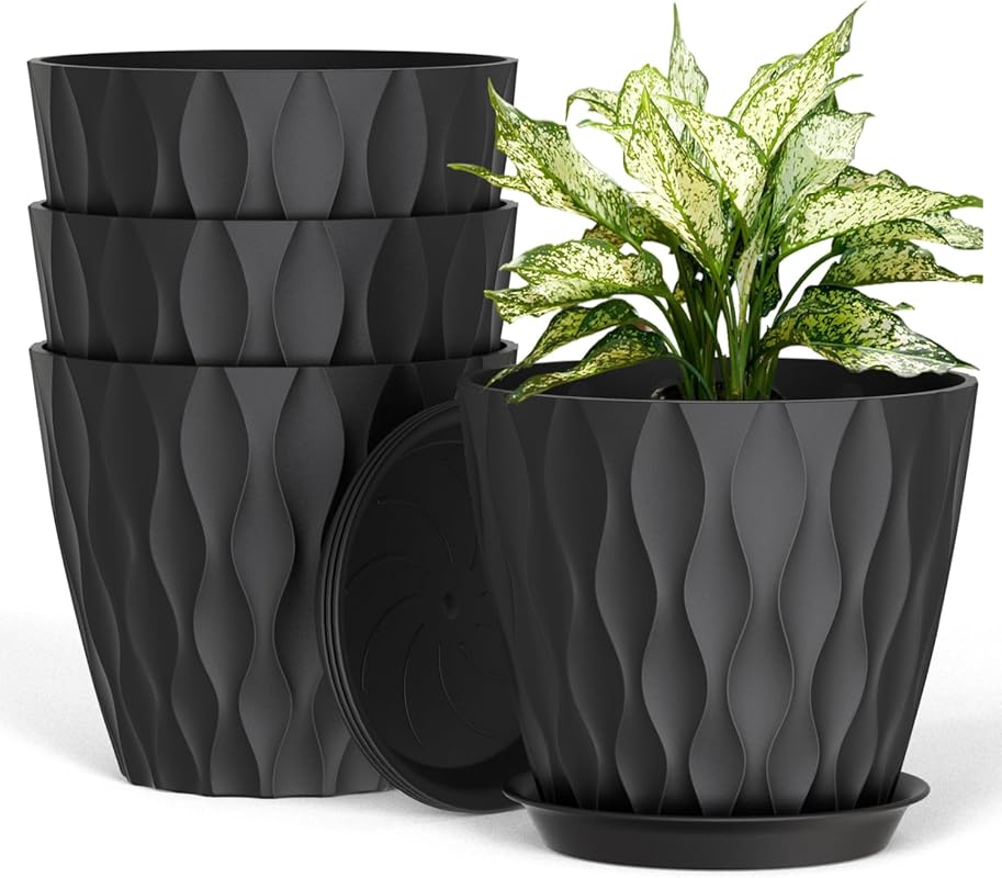 4-Pack 8-Inch Plastic Plant Pots with Drainage Holes & Saucers, Waffle