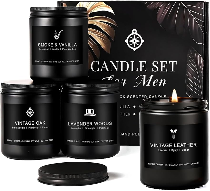 4-Pack Masculine Soy Scented Candles for Men, Aromatherapy Gifts: Leat