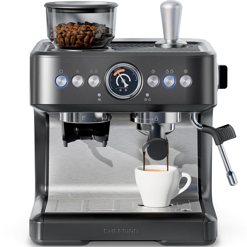 Chefman Crema Deluxe Espresso Machine, Double Boiler with Grinder & St