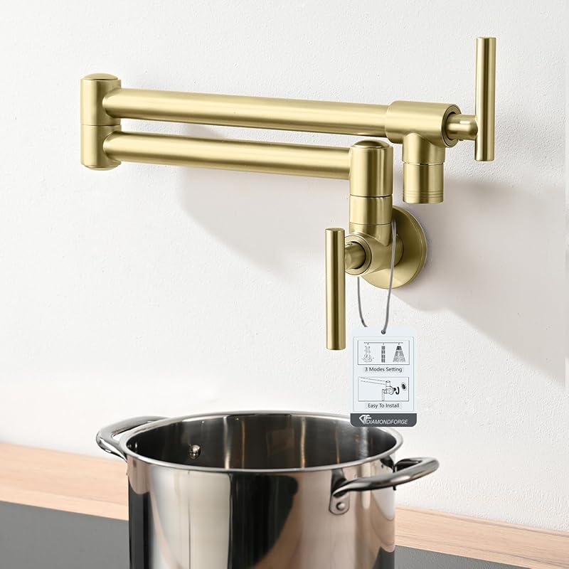 Brushed Gold Wall Mount Pot Filler Faucet with 3 Spray Modes, Double J