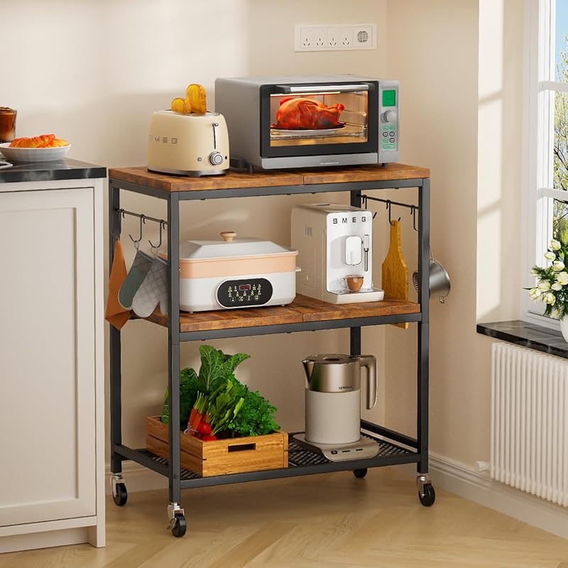 Rolling 3-Tier Kitchen Microwave Cart with 6 Hooks, Lockable Wheels & 