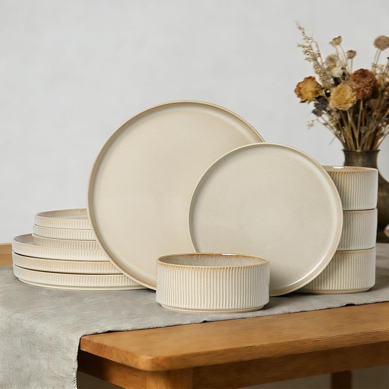 12-Piece Stoneware Dinnerware Set for 4, Ribbed Plates & Bowls, Chip R