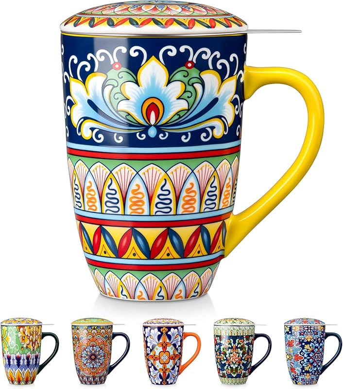 vancasso Bohemian Ceramic Tea Mug with Infuser & Lid, 18 oz Loose Leaf