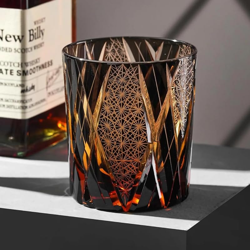 Hand Cut Japanese Geometric Crystal Old Fashioned Whiskey Glass, 8.5oz