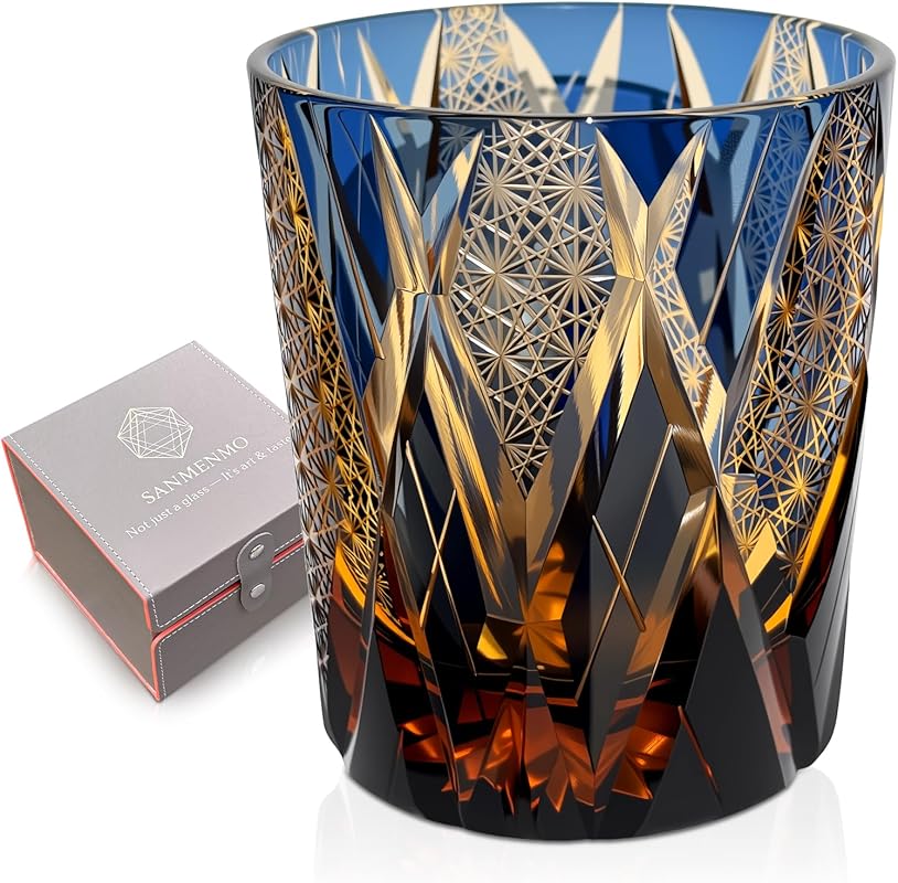 Edo Kiriko Style Japanese Crystal Whiskey Glass, 8.5oz Handmade Tumble