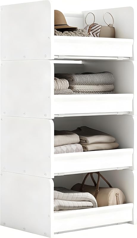 4-Tier Stackable Closet Organizer & Storage Shelves, Heavy-Duty Wood &