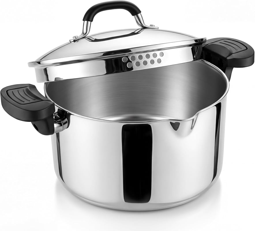 E-far 6 Qt Tri-Ply Stainless Steel Multipurpose Pasta Pot, Strainer Li