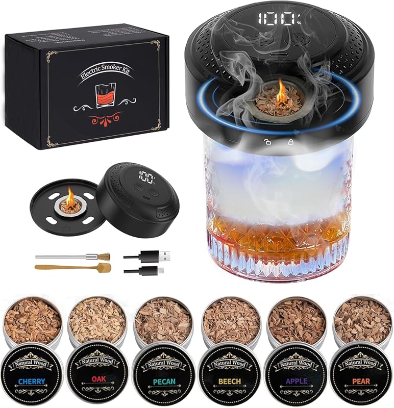 Rechargeable Electric Cocktail Smoker Kit with LED Display & 6 Wood Ch