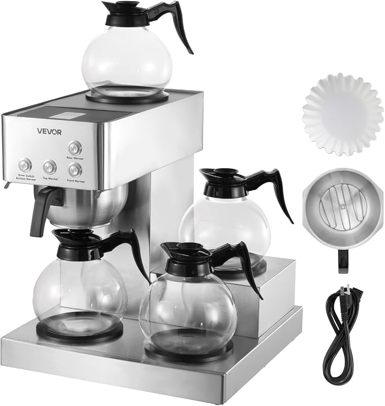 VEVOR 12-Cup Commercial Drip Coffee Maker with 4 Glass Carafes & Decan