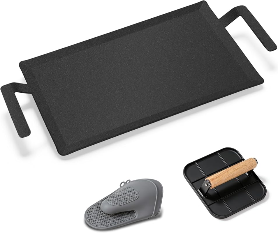 Premium Carbon Steel Griddle with Grill Press, Pre-Seasoned, Oven Safe