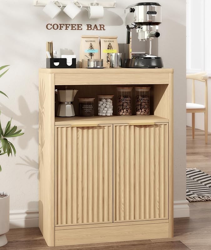 Oak Coffee Bar Cabinet with Storage, Fluted Buffet Sideboard, Rounded 