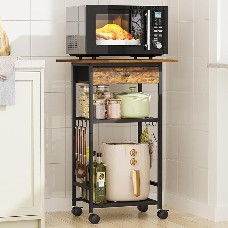 4-Tier Microwave Cart Stand with Adjustable Shelf & Wheels, Rustic Bro