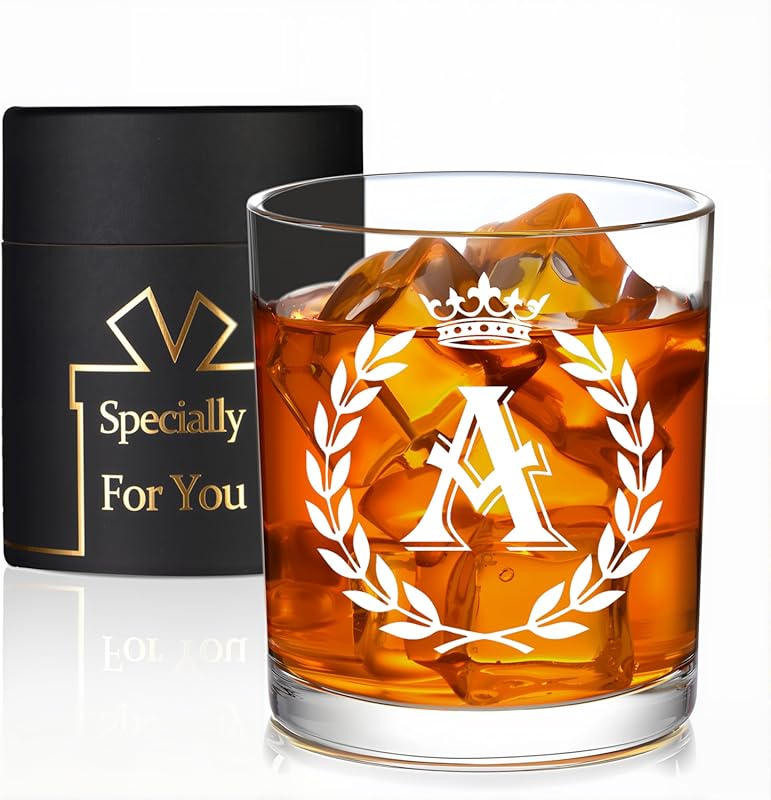 Personalized Letter A 10oz Old Fashioned Whiskey Glass with Gift Box, 