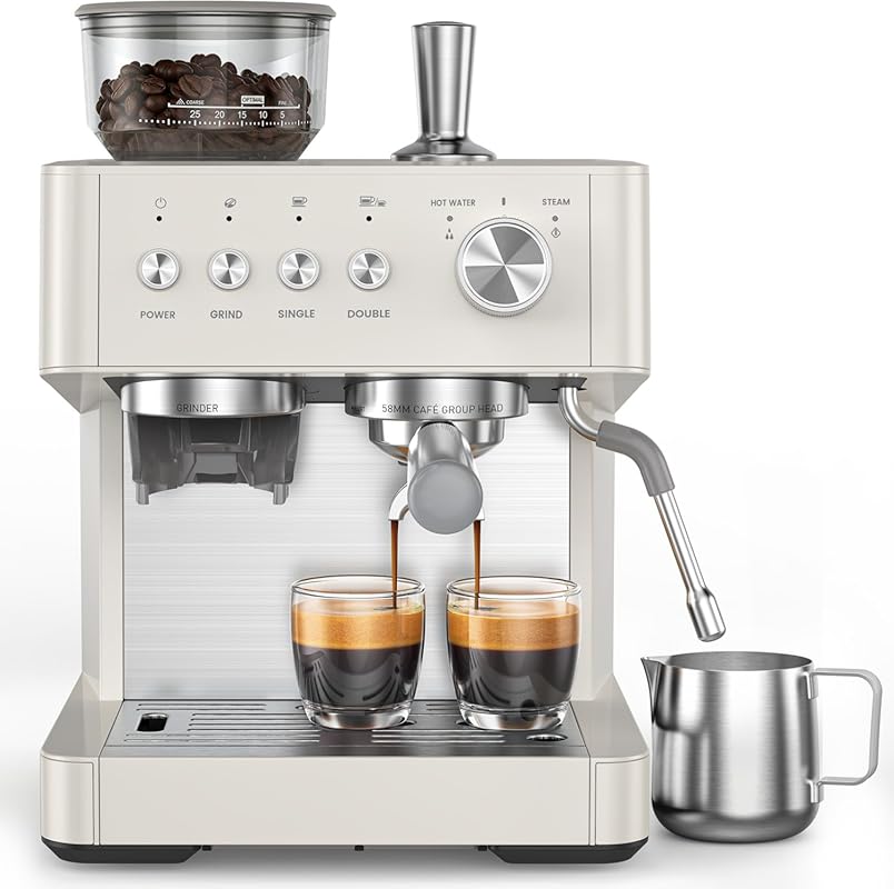 20 Bar Espresso Machine with Built-in Anti-Clog Grinder, Milk Steam Wa