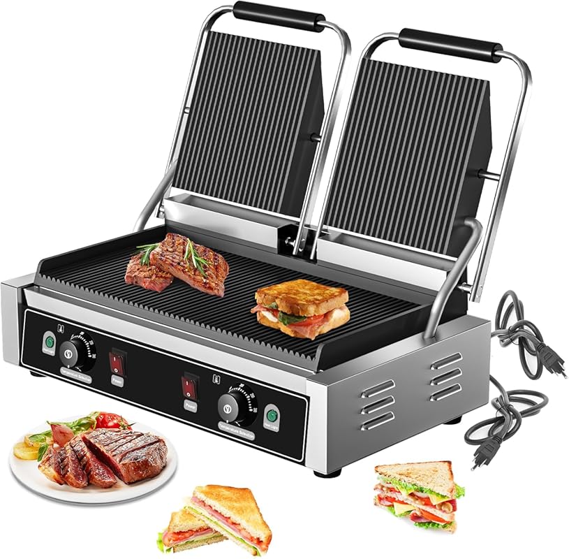 Commercial Dual Head Panini Grill, 3400W Electric Sandwich Maker, Stai