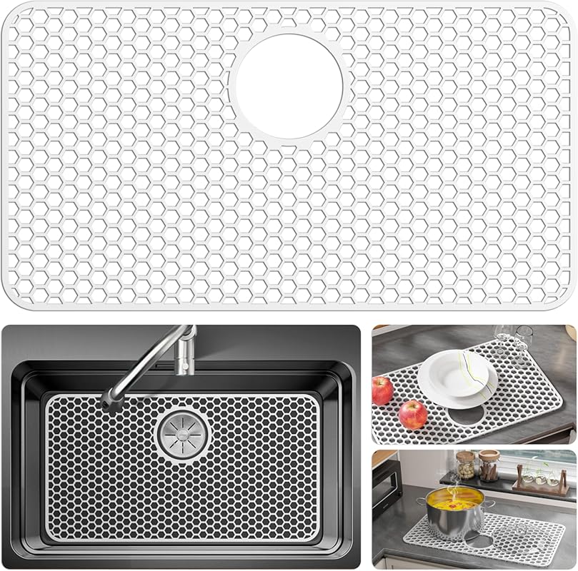 White Silicone Sink Protector Mat 26x14, Non-Slip, Heat-Resistant for 