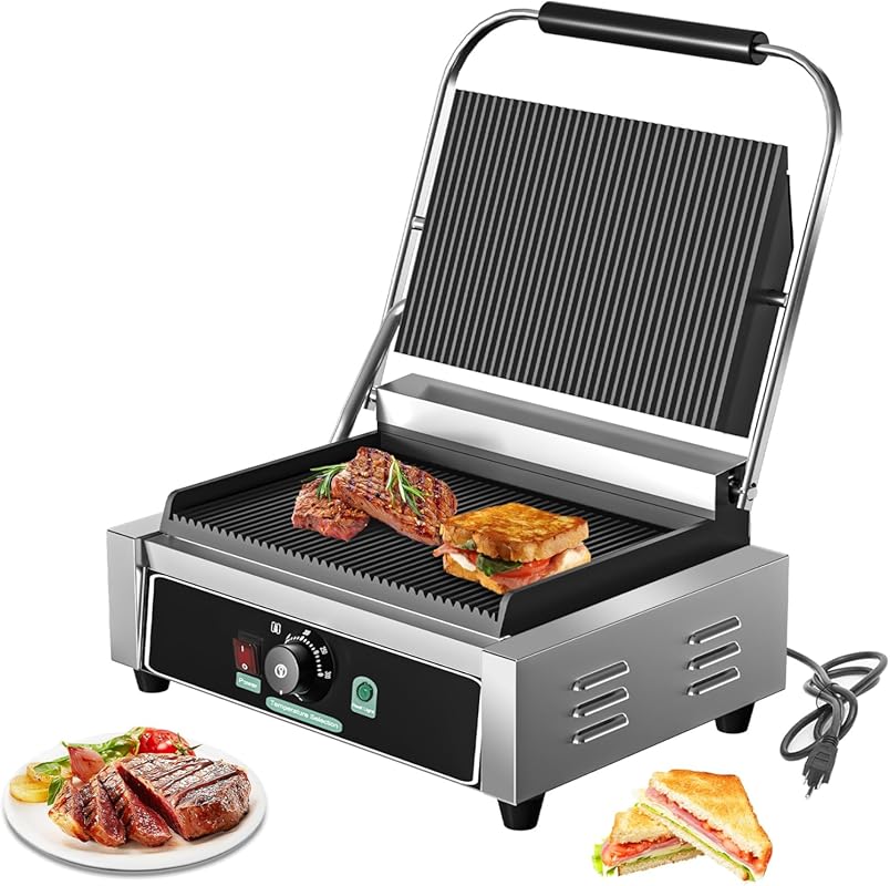 Commercial Panini Grill, 1700W Electric Sandwich Maker, Stainless Stee
