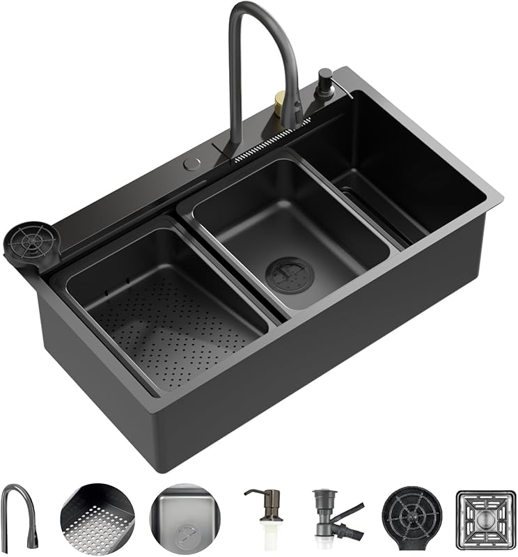 SOLVEX 31x18 Black Drop-In Waterfall Kitchen Sink Workstation, Faucet