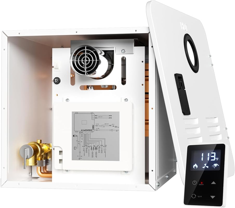 65,000 BTU RV Tankless Propane Water Heater, 3.9 GPM, White Door, Remo