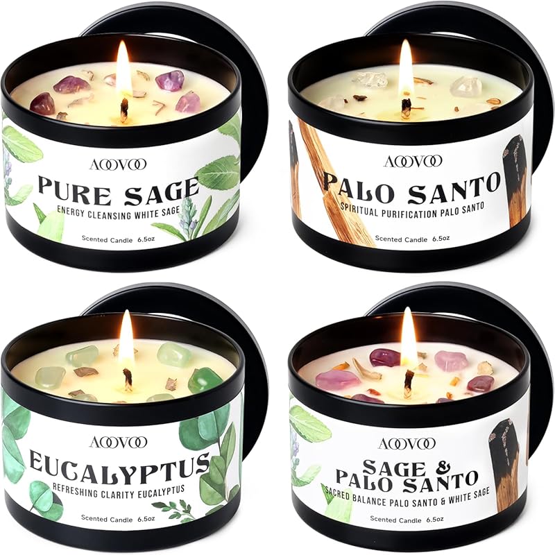 AOOVOO 4-Pack Sage & Palo Santo Candle Set, Crystals for Spiritual Ene
