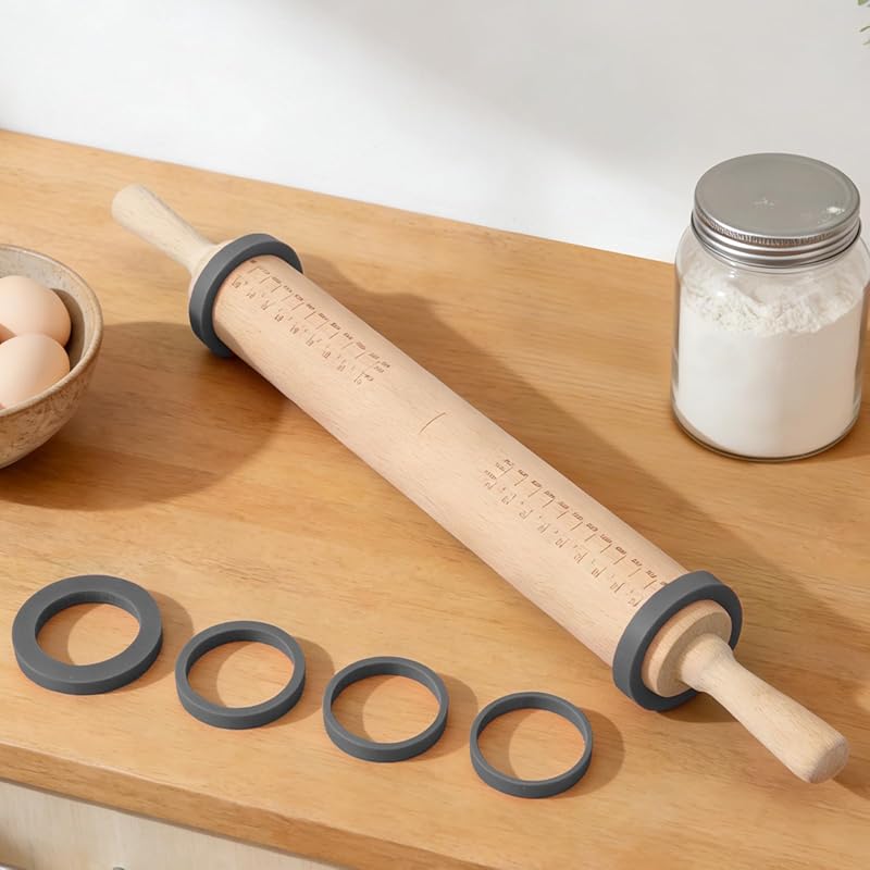 Long Adjustable Wood Rolling Pin, 21.1-inch, with Thickness Rings & Me
