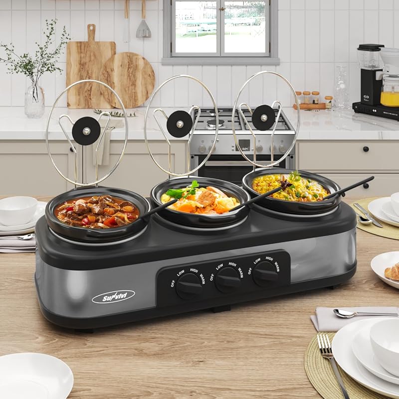 Sunvivi Triple Slow Cooker Buffet Server, 3 x 1.5 Qt, Adjustable Temp,