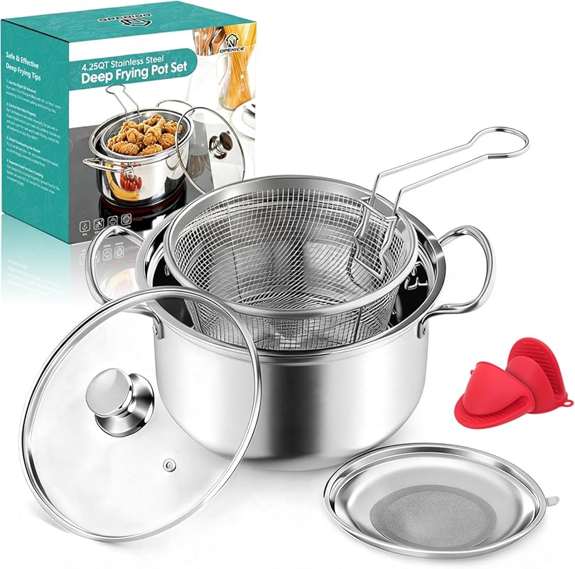 OPENICE Small Stainless Steel Deep Fryer Pot with Basket, Lid, Oil Str