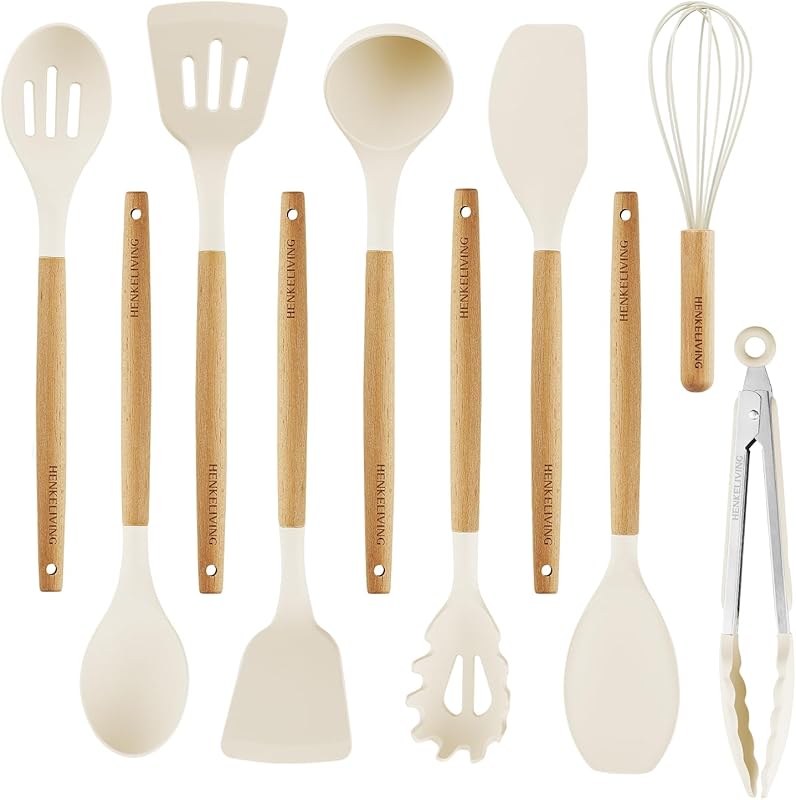 10-Piece Silicone Cooking Utensils Set, Heat Resistant Wood Handles, B