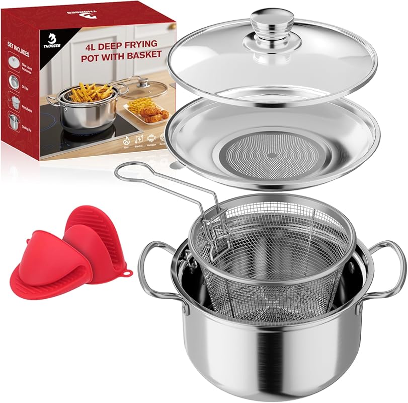 4.2Qt Stainless Steel Deep Frying Pot with Basket, Lid, Oil Strainer; 