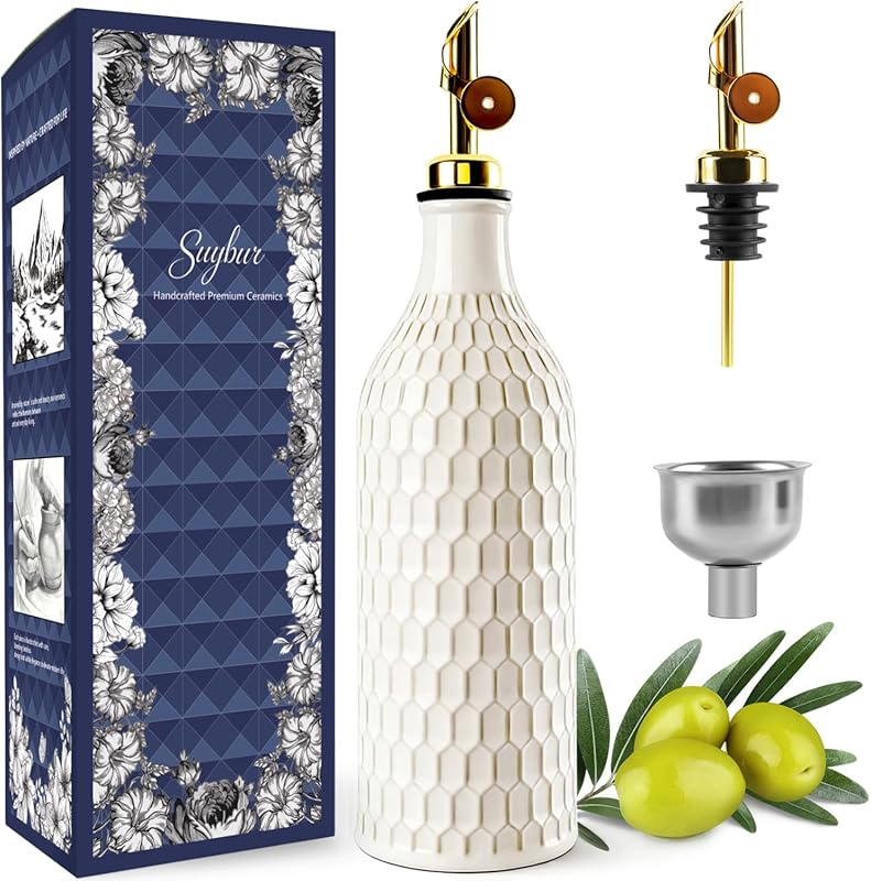 19 oz Ceramic Olive Oil Dispenser Bottle, Opaque Relief Cruet with Gra