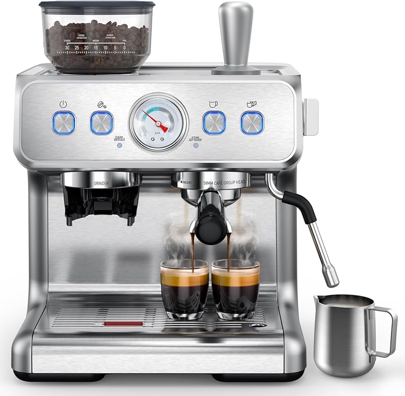 Kndko Dual Boiler Espresso Machine, Built-in Grinder, 20 Bar, Milk Fro