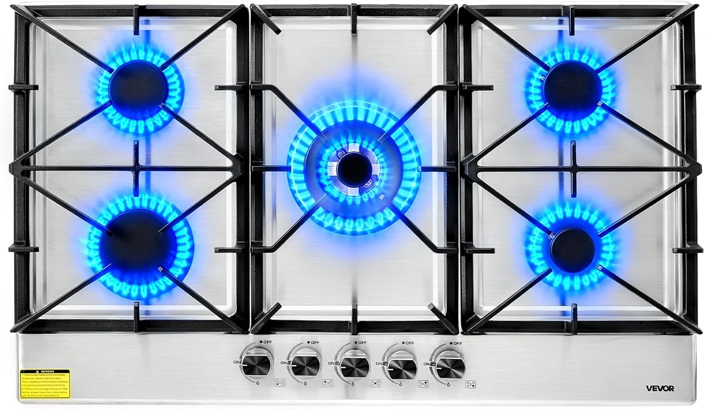 VEVOR 36 Inch 5 Burner Gas Cooktop: 38300BTU LPG/NG Stainless Steel St